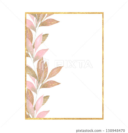 Gold rectangular frame with watercolor pink and gold leaves. Vertical glitter border. Botanical illustration. Hand drawn aesthetic 138948470