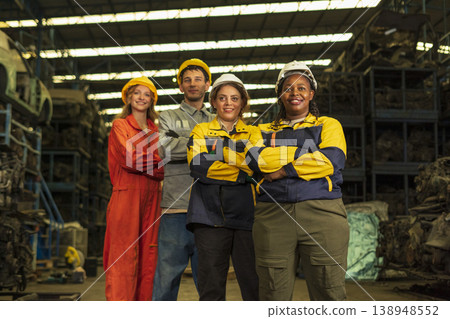 Group of mix multiracial race engineer working together at factory car part warehouse. Group of mix multiracial race engineer working together at factory car part warehouse. 138948552