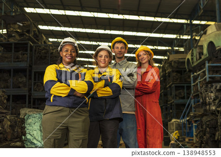 Group of mix multiracial race engineer working together at factory car part warehouse. Group of mix multiracial race engineer working together at factory car part warehouse. 138948553