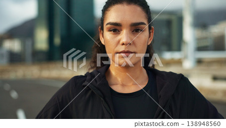 Training, city portrait or woman with serious mindset for outdoor cardio, wellness workout or morning sports run. Sweaty face, street road or active athlete, runner or jogger for exercise performance Training, city portrait or woman with serious mindset for outdoor cardio, wellness workout or morning sports run. Sweaty face, street road or active athlete, runner or jogger for exercise performance 138948560