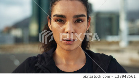 Fitness, city portrait and woman breathing, relax and ready for outdoor cardio, workout commitment or morning sports run. Sweaty face, road and active athlete, runner or jogger for training challenge 138948561