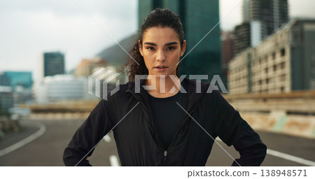 Training, city portrait and woman confident in outdoor cardio, wellness workout or morning sports run. Hard work, fitness mindset and urban athlete, active runner or person exercise in Chicago, USA Training, city portrait and woman confident in outdoor cardio, wellness workout or morning sports run. Hard work, fitness mindset and urban athlete, active runner or person exercise in Chicago, USA 138948571
