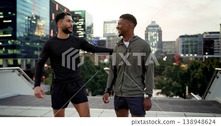 City, friends and men with fitness, support and happiness with sunset, progress and motivation. People, guys and runners outdoor, challenge or exercise with wellness, conversation or healthy activity City, friends and men with fitness, support and happiness with sunset, progress and motivation. People, guys and runners outdoor, challenge or exercise with wellness, conversation or healthy activity 138948624