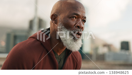 Breathing, break and tired senior man in city for fitness training, cardio or intense run. Sports, fatigue or elderly male runner stop to breathe after running, exercise or sweating after workout Breathing, break and tired senior man in city for fitness training, cardio or intense run. Sports, fatigue or elderly male runner stop to breathe after running, exercise or sweating after workout 138948625