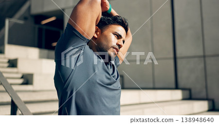Man, athlete or stretching arms at stairs for exercise, workout or wellness outdoor by building. Urban fitness, person or warm up for power and performance with strength, training and health by steps Man, athlete or stretching arms at stairs for exercise, workout or wellness outdoor by building. Urban fitness, person or warm up for power and performance with strength, training and health by steps 138948640