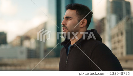 Man, athlete and thinking outdoor for fitness, exercise or wellness with city background or nature. Runner, person and mindfulness for workout, training and healthy body with sportswear in urban town 138948755