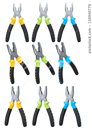 Set of steel pliers with black rubber grips and colorful handles shown isolated on white background, construction tool concept Set of steel pliers with black rubber grips and colorful handles shown isolated on white background, construction tool concept 138948779