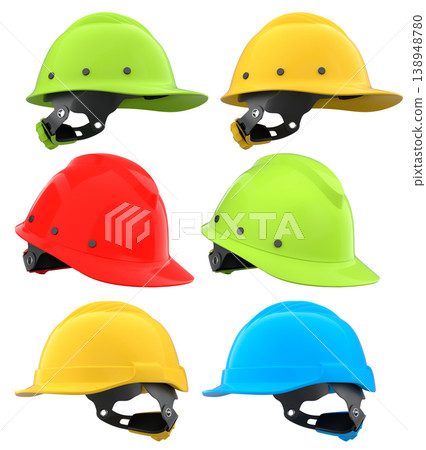 Set of construction safety helmets isolated on white transparent background, symbolizing safety and industry standards 138948780