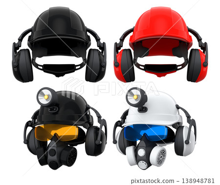 Protective helmets with mounted LED headlamps, respirators and earmuffs on white background with clipping path, safety equipment 138948781