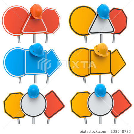 Blank traffic signs with different shapes and colors on metal poles on white background with clipping path, concept of road safety Blank traffic signs with different shapes and colors on metal poles on white background with clipping path, concept of road safety 138948783