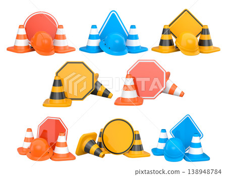 Construction traffic cones and road signs isolated on white background with clipping path, concept of safety gear 138948784