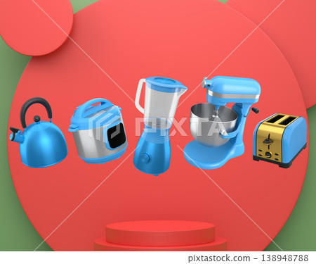 Set of kitchen appliances including mixer, toaster, blender, and coffee maker on white colorful podium and background Set of kitchen appliances including mixer, toaster, blender, and coffee maker on white colorful podium and background 138948788