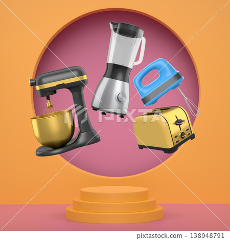 Set of kitchen appliances including blender, mixer, toaster, and hand mixer, floating over podium on abstract background 138948791
