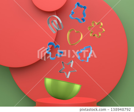 Set of cookie cutters float above a bowl and podium with abstract background, symbolizing baking creativity Set of cookie cutters float above a bowl and podium with abstract background, symbolizing baking creativity 138948792