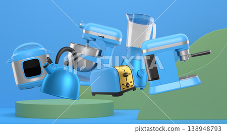Set of kitchen appliances including mixer, toaster, blender, and coffee maker on white colorful podium and background Set of kitchen appliances including mixer, toaster, blender, and coffee maker on white colorful podium and background 138948793
