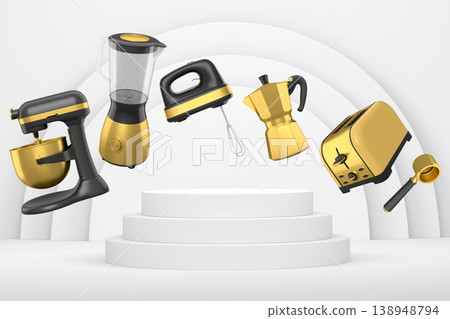 Set of kitchen appliances and utensils floating in mid-air over podium and abstract background, modern cooking concepts 138948794