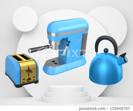 Assorted kitchen appliances including toaster, kettle and coffee maker over podium on abstract background 138948797