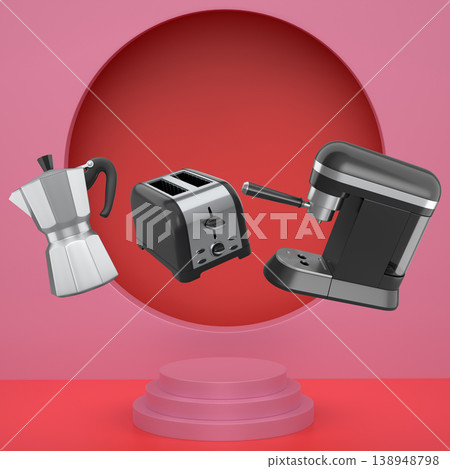 Assorted kitchen appliances including toaster, kettle and coffee maker over podium on abstract background 138948798