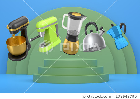 Set of kitchen appliances and utensils floating in mid-air over podium and abstract background, modern cooking concepts Set of kitchen appliances and utensils floating in mid-air over podium and abstract background, modern cooking concepts 138948799