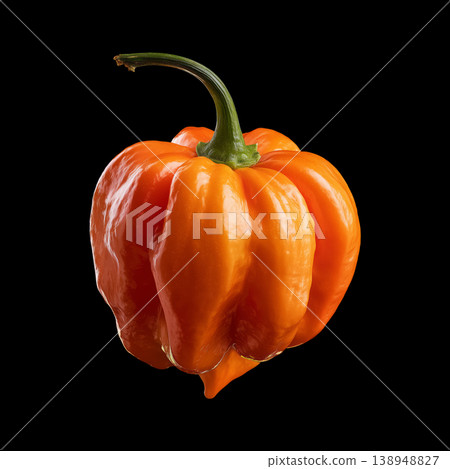 Orange habanero chili pepper isolated on black background with clipping path, symbolizing freshness and spicy flavor appeal Orange habanero chili pepper isolated on black background with clipping path, symbolizing freshness and spicy flavor appeal 138948827