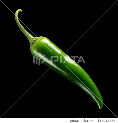 Single birds eye green chili pepper isolated on black background with clipping path, concept of spice and intensity of heat Single birds eye green chili pepper isolated on black background with clipping path, concept of spice and intensity of heat 138948828