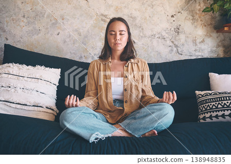 Meditation, morning and woman in home, rest and relax with stress relief, balance and zen. Relax, lotus pose and person on sofa, chakra and wellness with break, breathing and mindfulness to start day Meditation, morning and woman in home, rest and relax with stress relief, balance and zen. Relax, lotus pose and person on sofa, chakra and wellness with break, breathing and mindfulness to start day 138948835