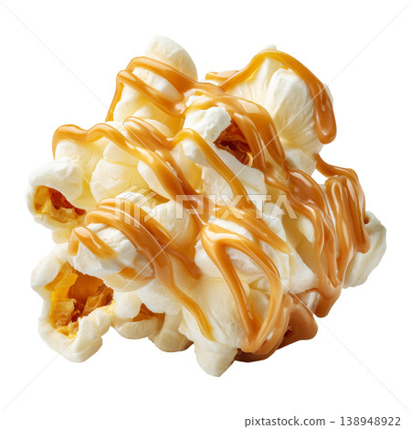 Closeup view of golden caramel drizzled popcorn kernel isolated on white background, concept of cinema sweet snack temptation Closeup view of golden caramel drizzled popcorn kernel isolated on white background, concept of cinema sweet snack temptation 138948922