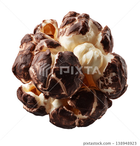 Chocolate coated popcorn kernel closeup isolated on white background, concept of cinema snack indulgence 138948923