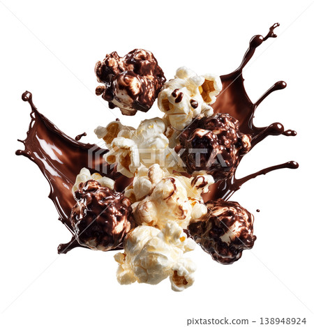 Popcorn kernel pieces with splashing chocolate isolated on white background, conveying sweet cinema snack concept 138948924