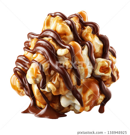 Caramel popcorn kernel coated in rich chocolate, isolated on white background, concept of cinema sweet indulgence 138948925