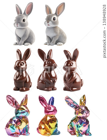 Set of shiny foil bunnies, grey rabbits, and chocolate bunny figures, isolated on white background, Set of shiny foil bunnies, grey rabbits, and chocolate bunny figures, isolated on white background, 138948928