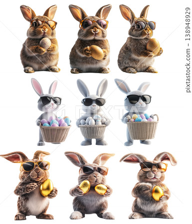 Set of Easter bunny wearing sunglasses, holding wicker basket filled with colorful decorated eggs isolated on white background Set of Easter bunny wearing sunglasses, holding wicker basket filled with colorful decorated eggs isolated on white background 138948929