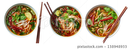 Traditional Vietnamese Pho soup with beef, rice noodles, chili, and lime isolated on white background, Asian cuisine 138948933