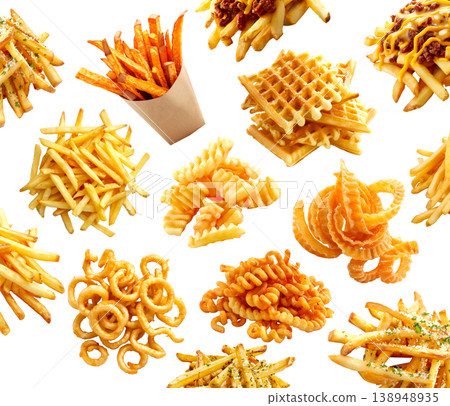 Various styles of fried potato snacks isolated on white background, representing fast food variety 138948935