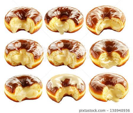 Cream-filled donut with chocolate glaze, isolated on white transparent background. Concept of sweet dessert snack 138948936
