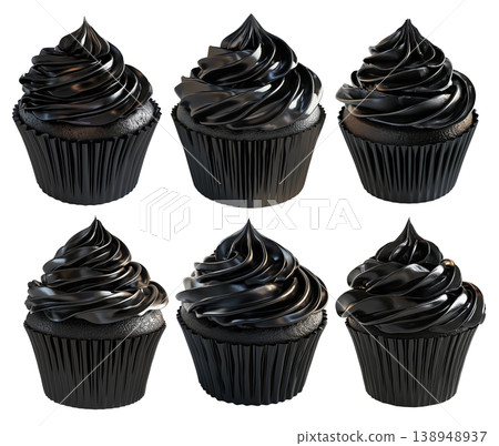 Cupcake with rich glossy black chocolate frosting and black wrapper, isolated on white transparent background Cupcake with rich glossy black chocolate frosting and black wrapper, isolated on white transparent background 138948937