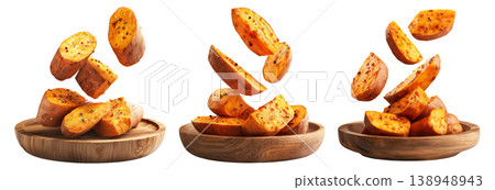 Set of baked or roasted sweet potato wedges with herbs and spices, isolated on white background, concept of healthy homemade snack 138948943