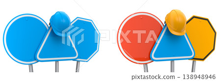 Blank traffic signs with different shapes and colors on metal poles on white background with clipping path, concept of road safety Blank traffic signs with different shapes and colors on metal poles on white background with clipping path, concept of road safety 138948946