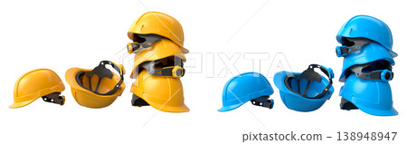 Set of construction safety helmets isolated on white transparent background, symbolizing safety and industry standards Set of construction safety helmets isolated on white transparent background, symbolizing safety and industry standards 138948947