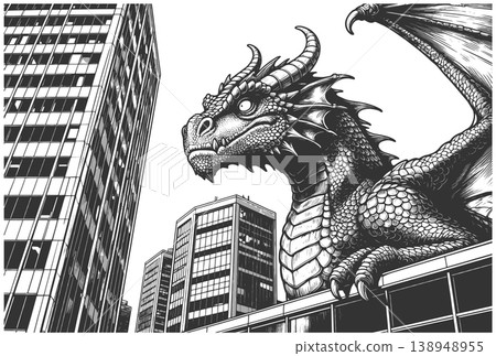 Giant Dragon Towering Over Modern City Buildings Giant Dragon Towering Over Modern City Buildings 138948955