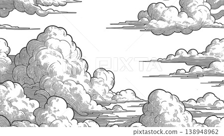 Vintage Engraved Blue Clouds Stretching Across Sky Vintage Engraved Blue Clouds Stretching Across Sky 138948962