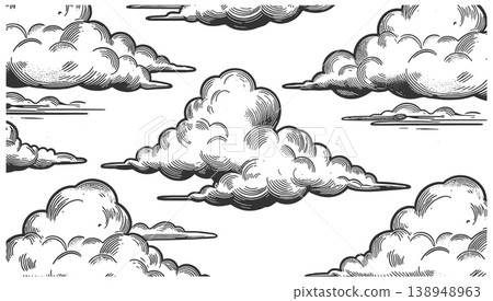 Vintage Engraved Blue Clouds Stretching Across Sky Vintage Engraved Blue Clouds Stretching Across Sky 138948963