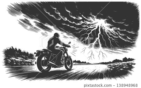 Motorcyclist Riding Through Storm with Lightning 138948968