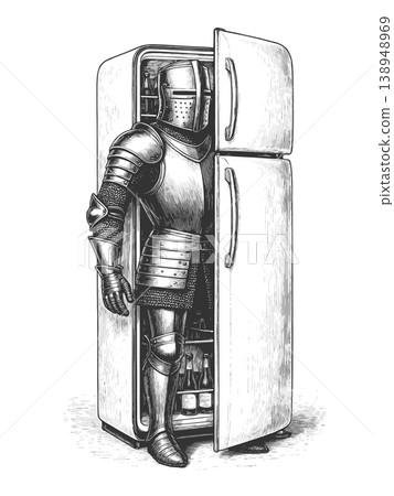 Medieval Knight Inside Open Refrigerator Scene 138948969