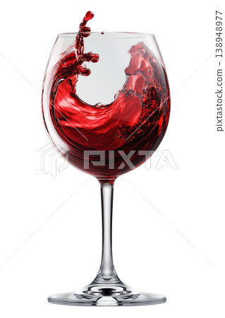 Glass with red wine splash isolated on white background, concept of elegance and celebration Glass with red wine splash isolated on white background, concept of elegance and celebration 138948977