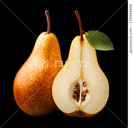 Whole pear and sliced pear isolated on black backdrop with clipping path, concept of freshness and nutrition and healthy eating Whole pear and sliced pear isolated on black backdrop with clipping path, concept of freshness and nutrition and healthy eating 138948988