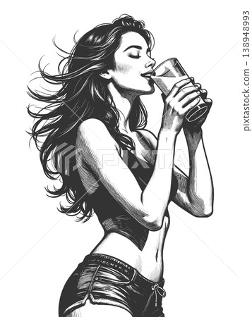 Woman Enjoying Cold Beer Drink engraving raster 138948993