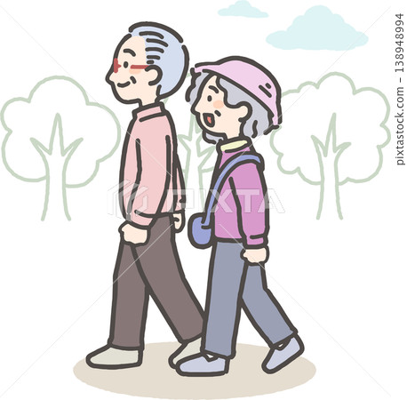 一對老年夫婦，一男一女，在大自然中散步。 138948994