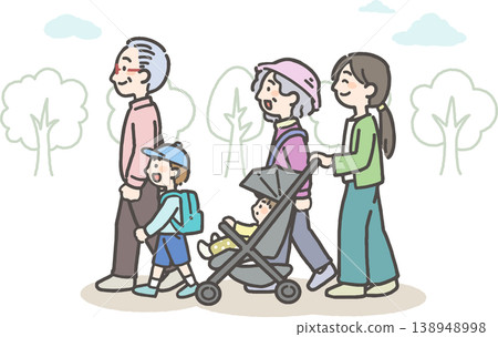 一位母親推著嬰兒車在戶外散步，還有一對老年夫婦和他們的孩子。 138948998