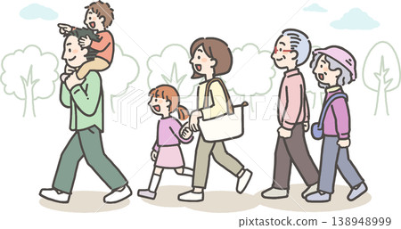 A three-generation family enjoying an outing in nature 138948999